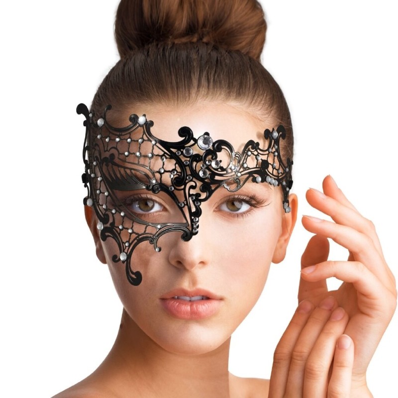 Black Venetian one eye mask - metal lace - crystals - masquerade